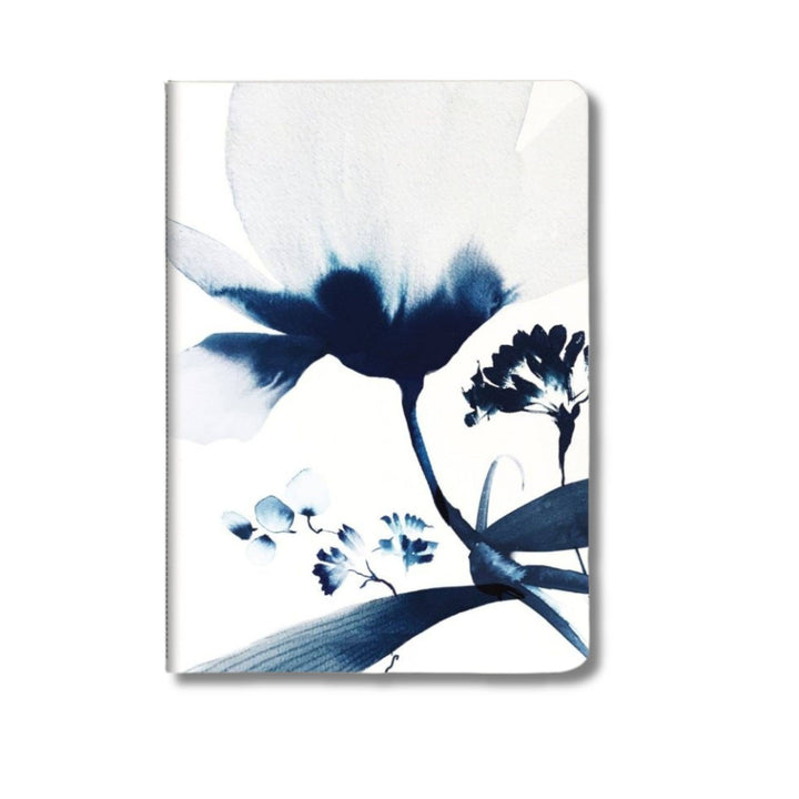 Notebook with blue floral design on a white background