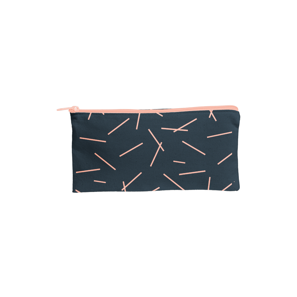 Navy blue pouch with pink geometric pattern on a white background