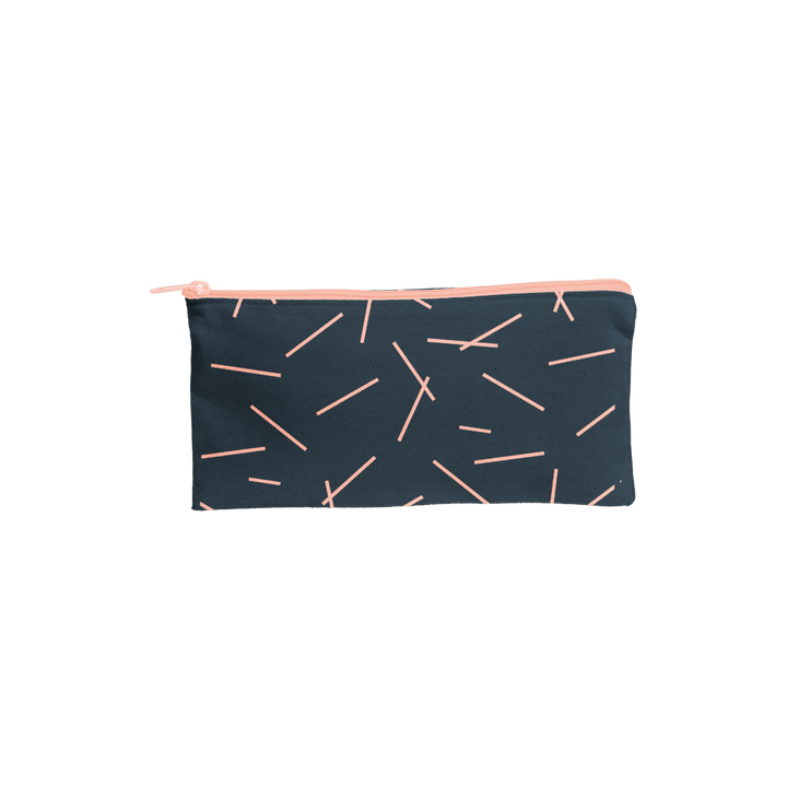 Navy blue pouch with pink geometric pattern on a white background