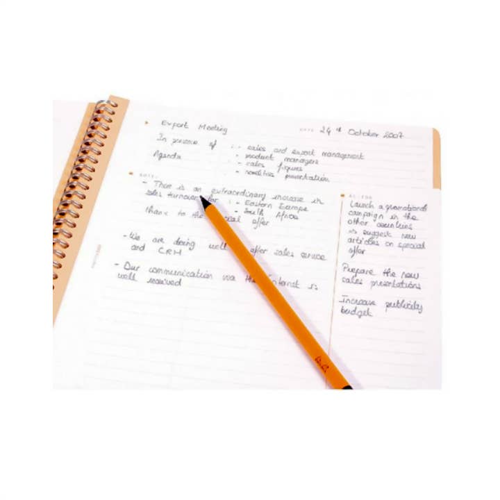 Open notebook with handwritten notes and a pencil on a white background