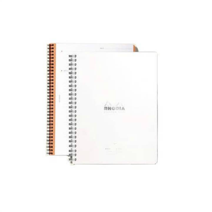 White notebook with a gold spiral binding on a white background