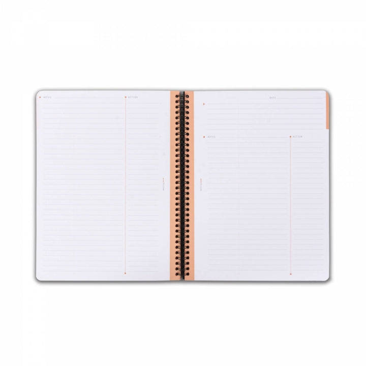 Open notebook with lined pages on a white background