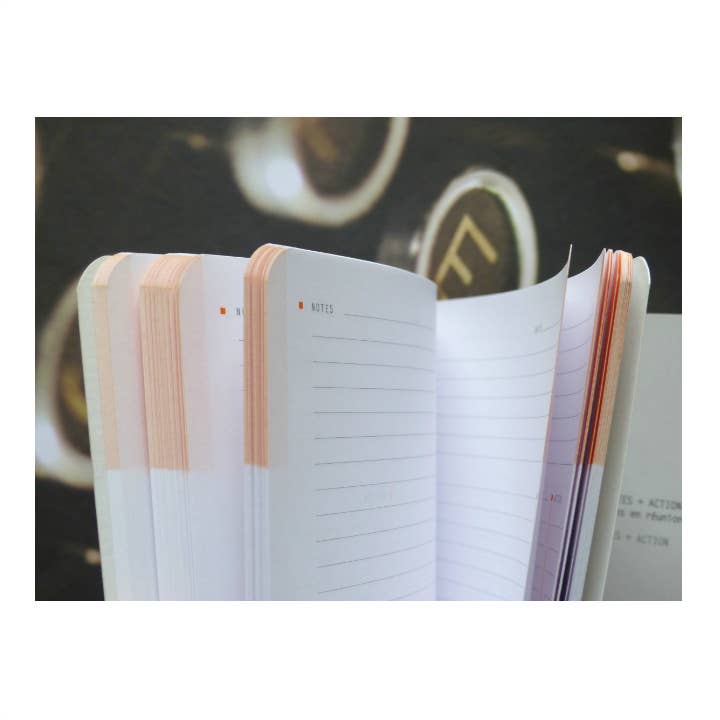 Open notebook with lined pages on a blurred background
