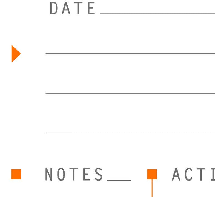 Minimalist design with 'DATE', 'NOTES', and 'ACTION' sections on a white background.