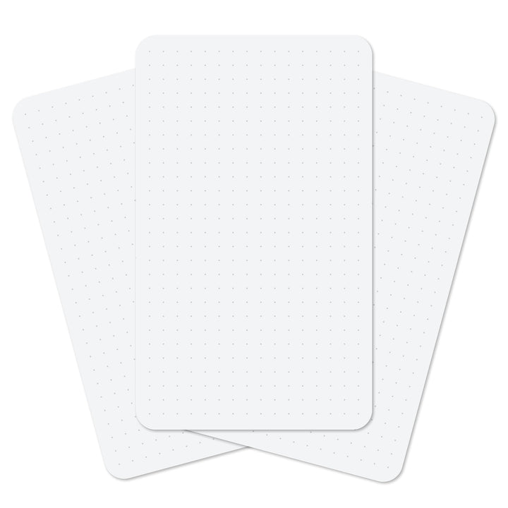 Three white rectangular cards on a white background.