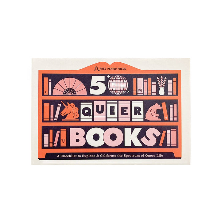 Book-themed poster with '50 Queer Books' text and decorative elements on a white background