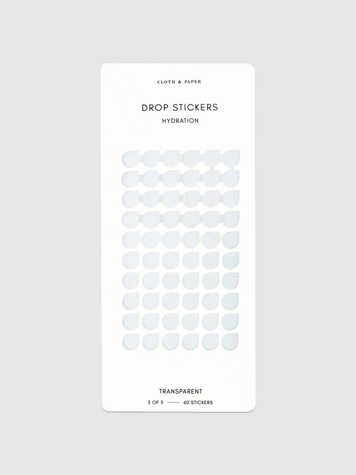 Sheet of transparent drop-shaped stickers on a white background