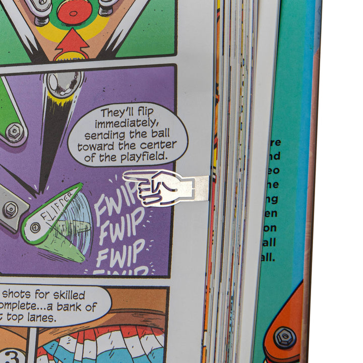 Comic book page with a pinball machine illustration and text and hand pointer pointing to text.