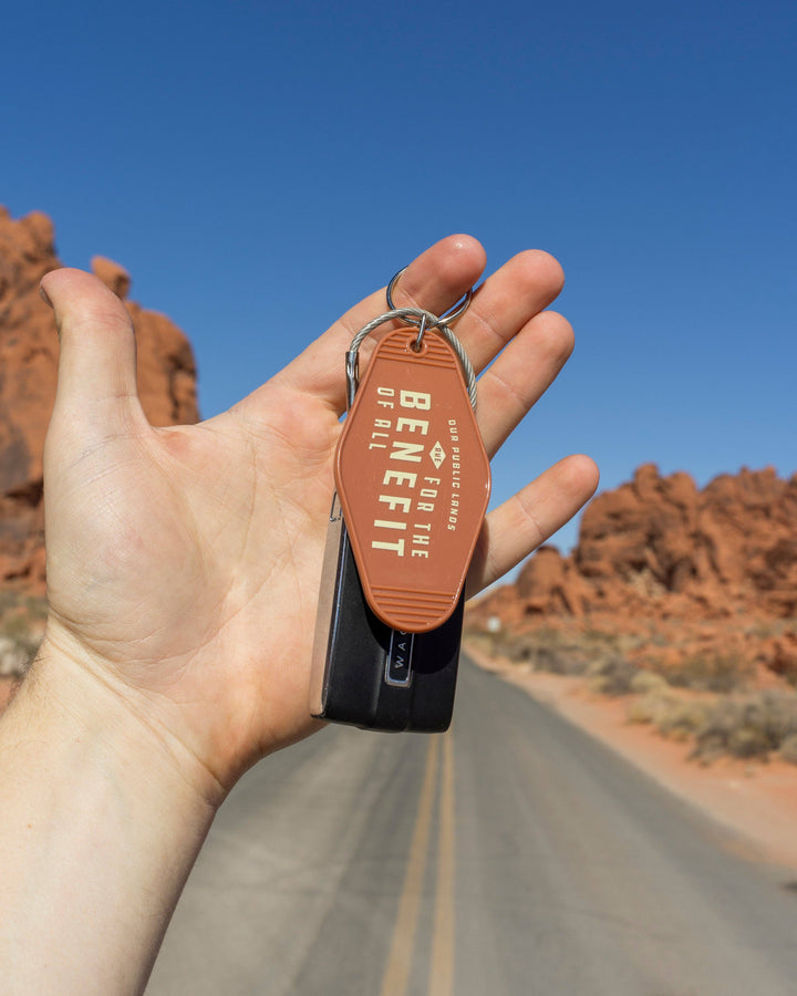 Hand holding a keychain with 'Benefit' branding against a desert landscape.