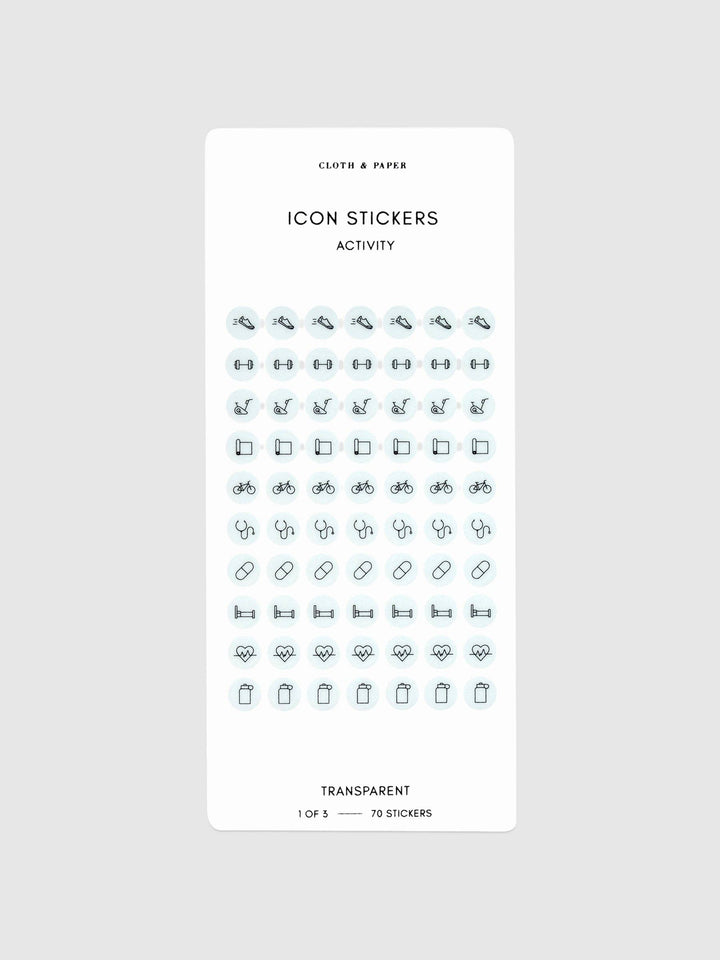 Sheet of icon stickers with various symbols on a white background
