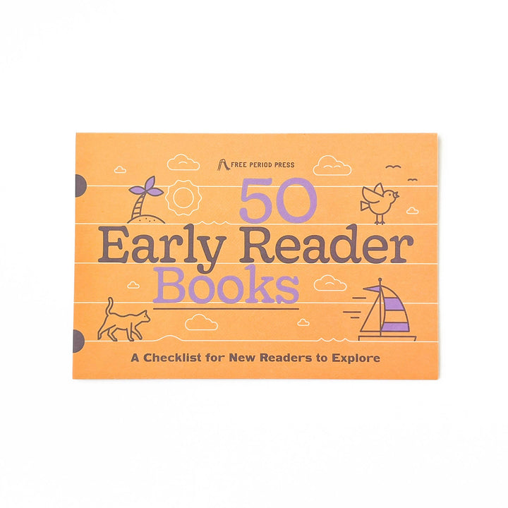 Book titled '50 Early Reader Books' with illustrations on an orange background