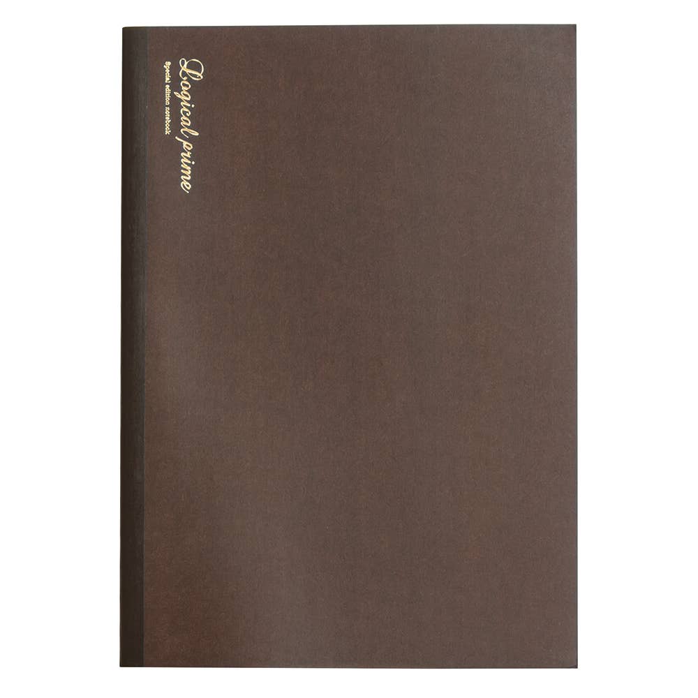 Brown notebook with Logical Prime branding on a white background