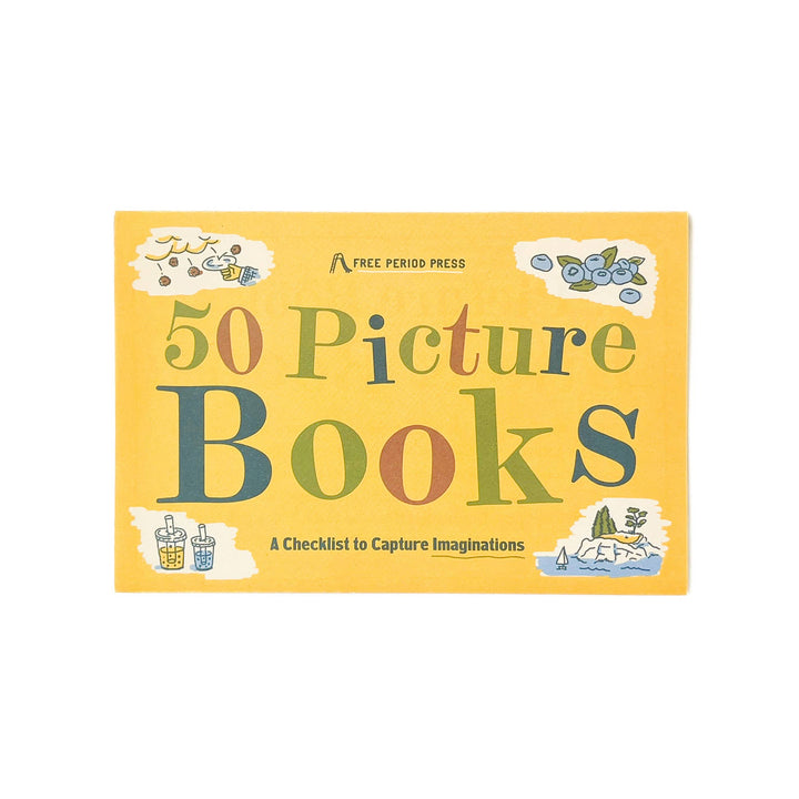 Book titled '50 Picture Books' with colorful text on a yellow background