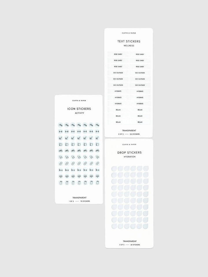 Collection of text, icon, and emoji stickers on a gray background