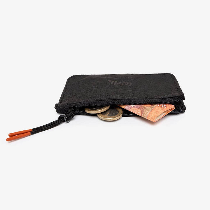 Black zippered pouch with currency and coins on a white background