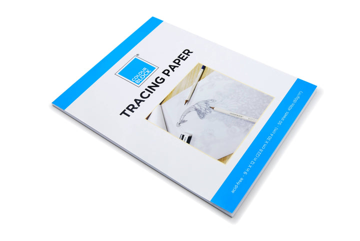 Tracing paper book with blue and white design on a white background