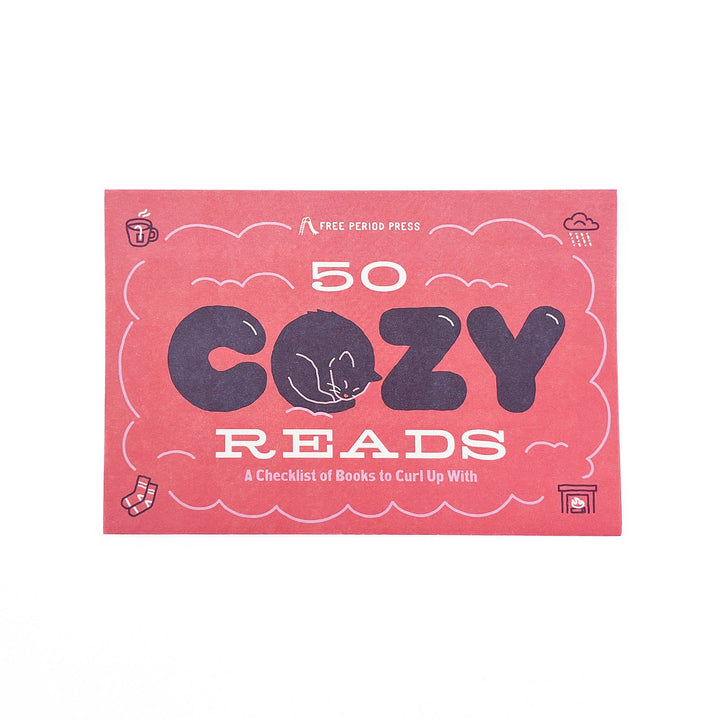 Booklet titled '50 Cozy Reads' with a pink cover and cat illustration on a white background