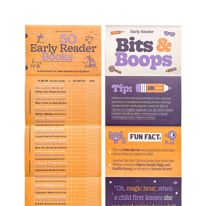 Two booklets titled '50 Early Reader Books' and 'Bits & Boops' on a white background