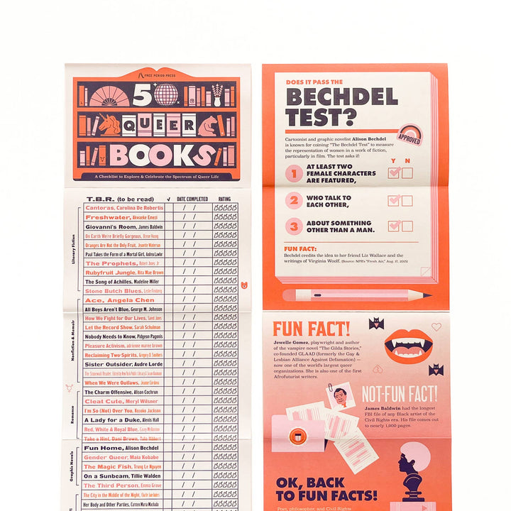 Sheet with '50 Queer Queer Books' list and 'Bechdel Test' worksheet on a white background