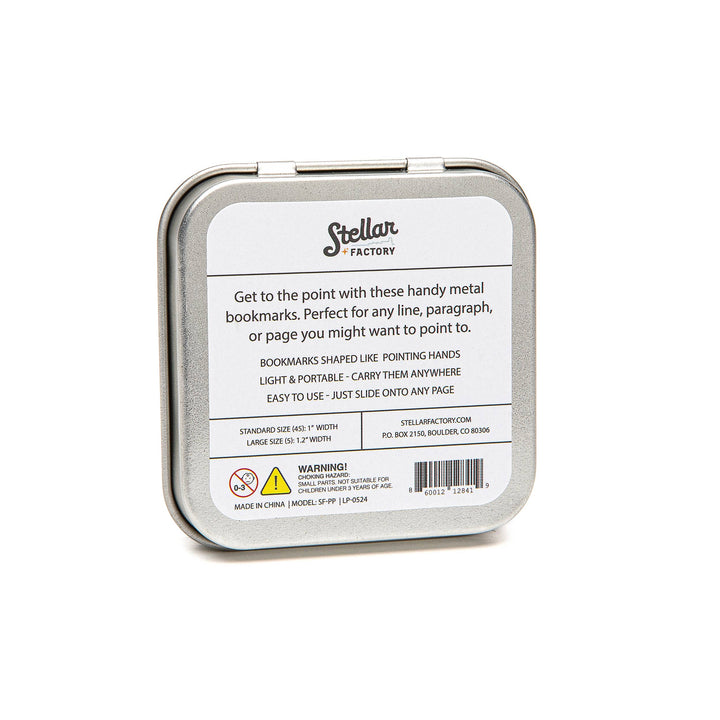 Metal tin packaging for Stellar Factory bookmarks on a white background