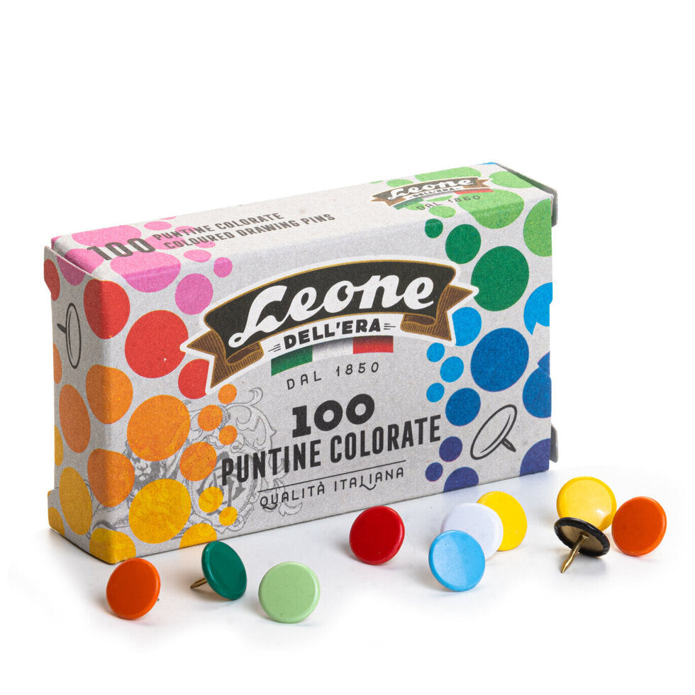 Colorful box of Leone Dell'era push pins with pins displayed in front