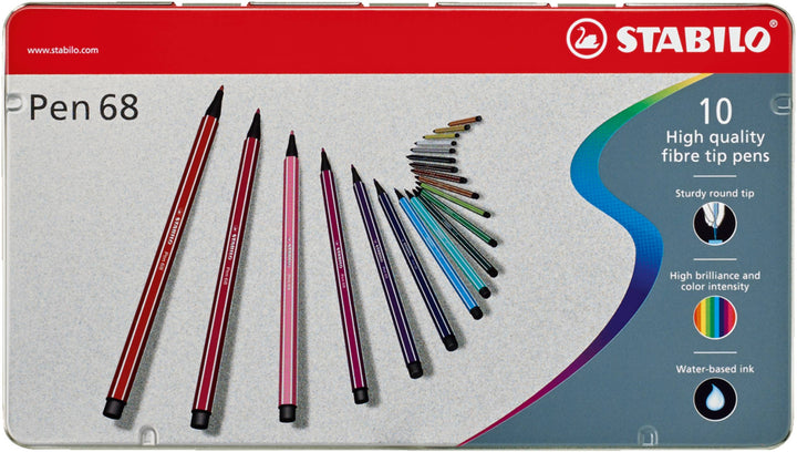 STABILO Pen 68 Fibre-Tip Pens, Set of 10 – Vibrant Colors, Long-Lasting