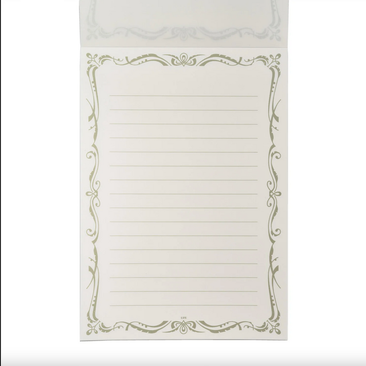 Lined white paper with decorative border.