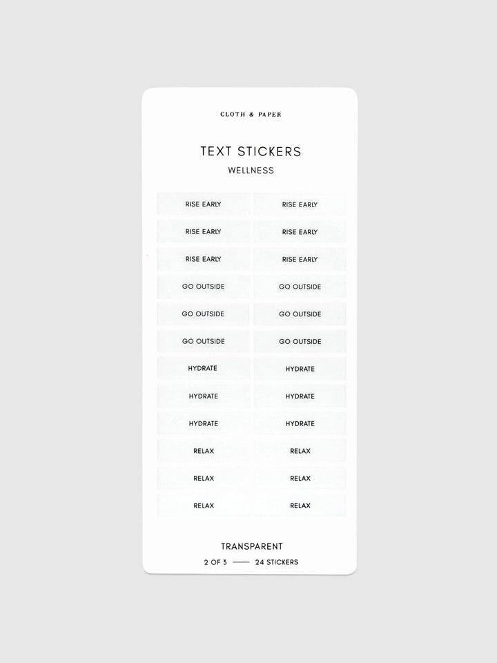 Sheet of text stickers for wellness on a white background