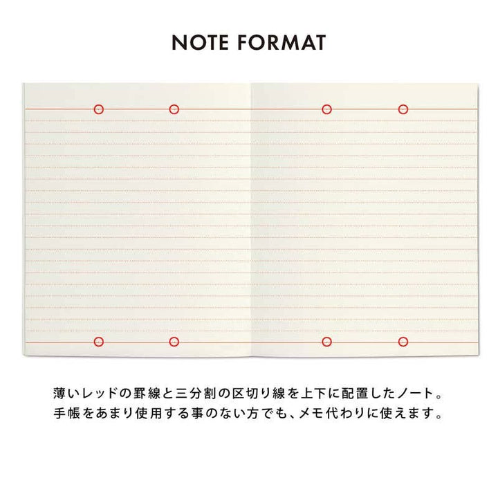Notebook page with red margin lines and three-part division lines on a white background