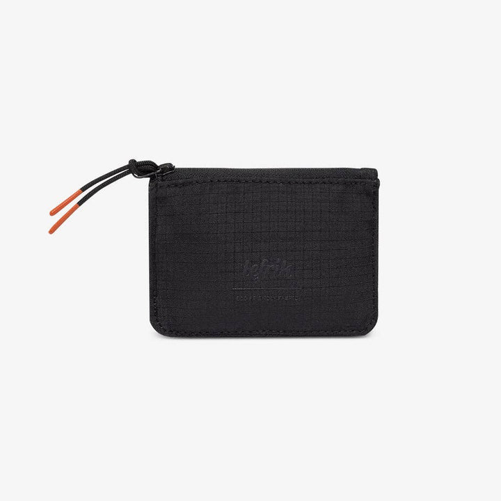 Black zippered pouch with orange drawstring on a white background