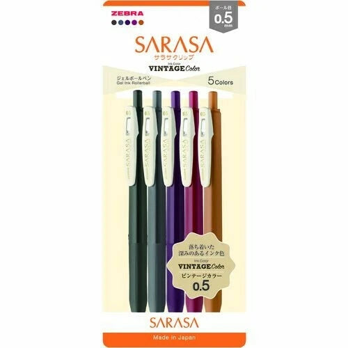 Pack of Zebra Sarasa gel ink pens with vintage color packaging on a white background