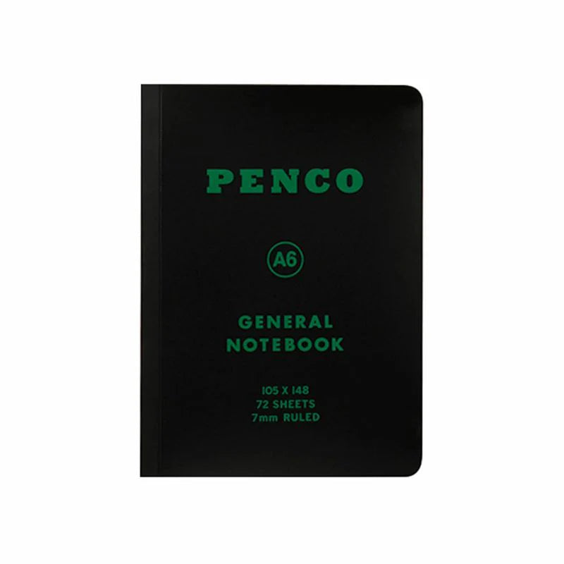 Black notebook with green text on a white background