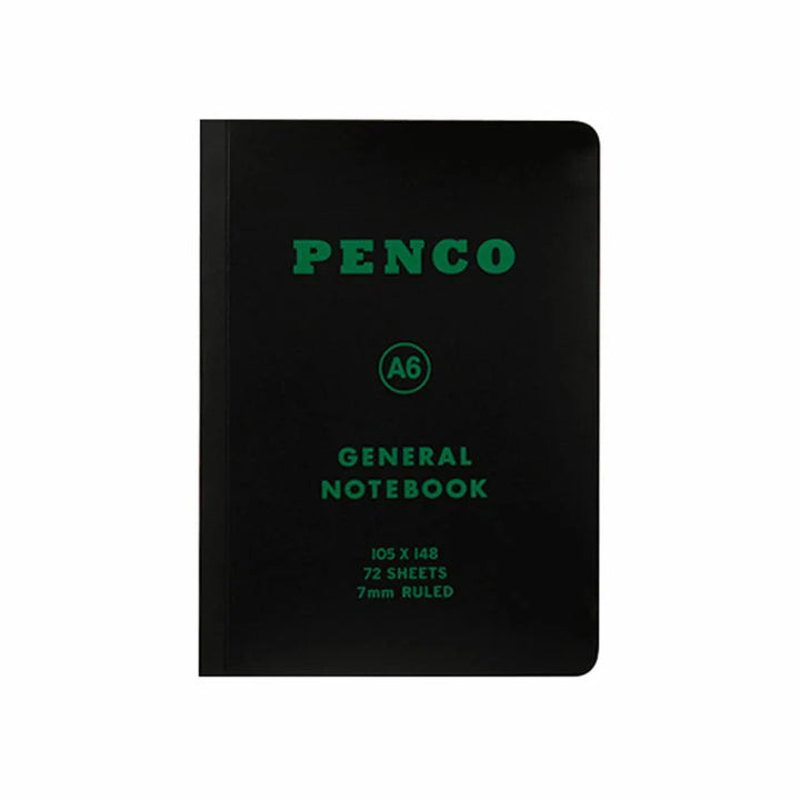 Black notebook with green text on a white background