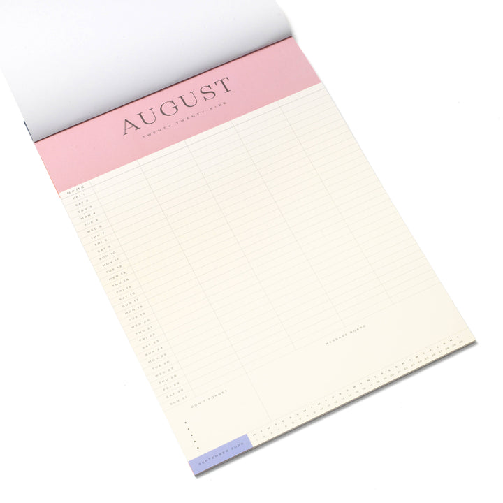 Notepad with a pink top section labeled 'August' on a white background