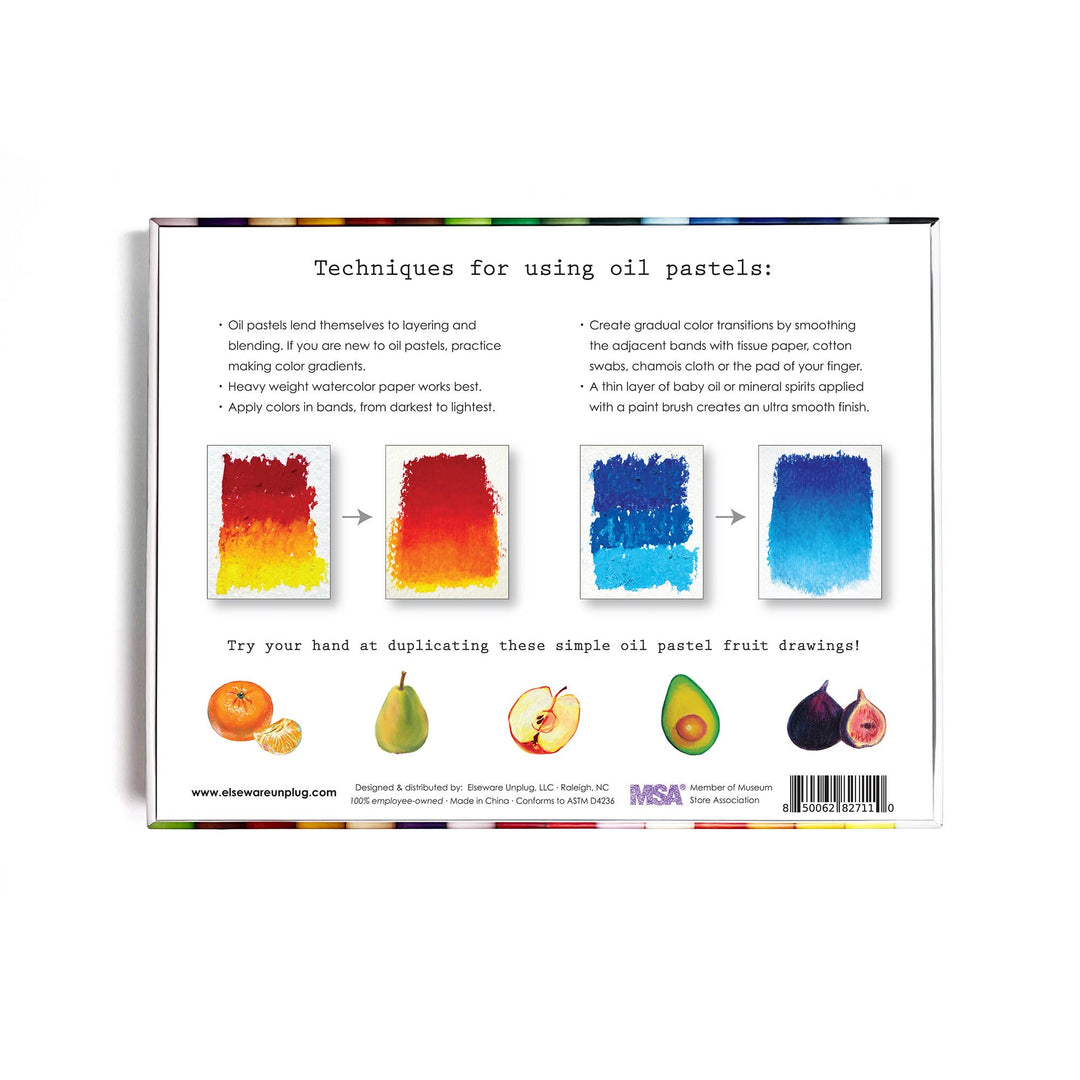 Back of a packaging with color swatches and text on oil pastel techniques.