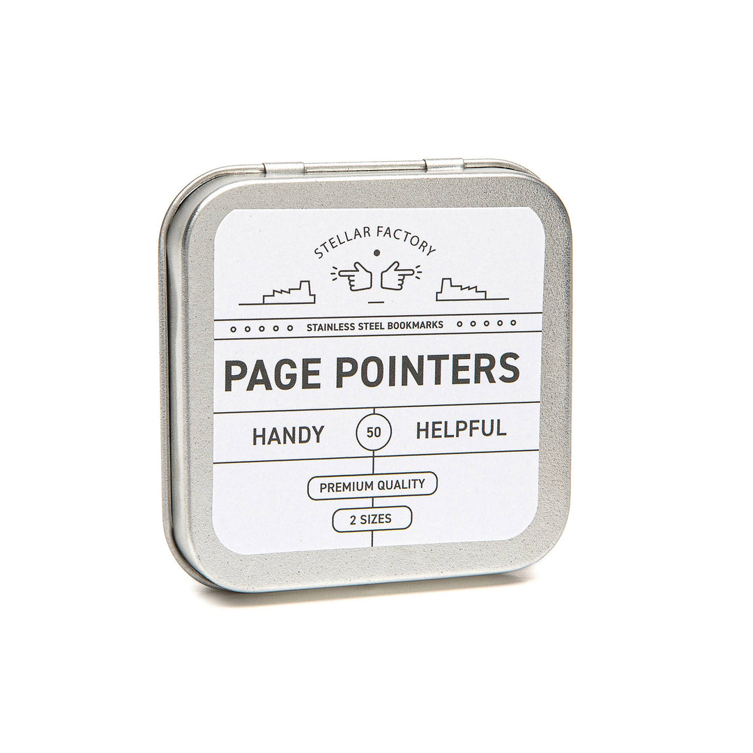 Tin box labeled 'Page Pointers' by Stellar Factory on a white background