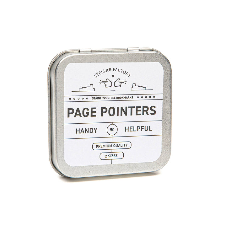 Tin box labeled 'Page Pointers' by Stellar Factory on a white background