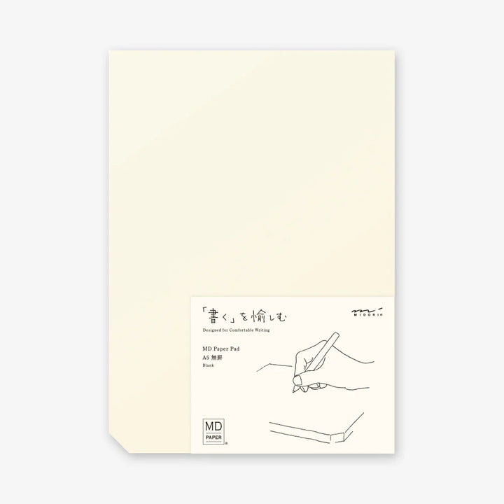 Beige paper pad with white label on a white background