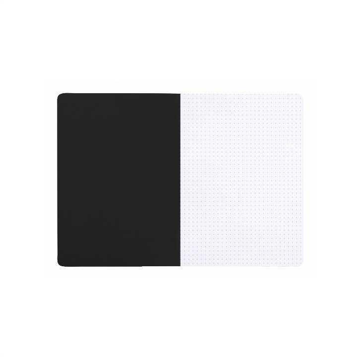 Black and white rectangular notebook page on a white background