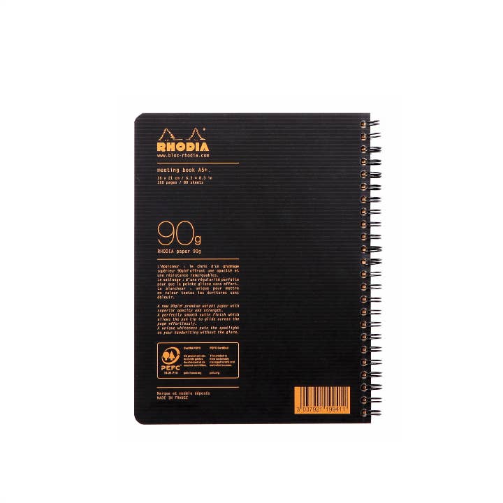 Black Rhodia notebook with text and branding on a white background