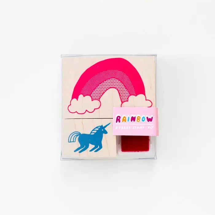 Pink Rainbow and blue unicorn stamp set.