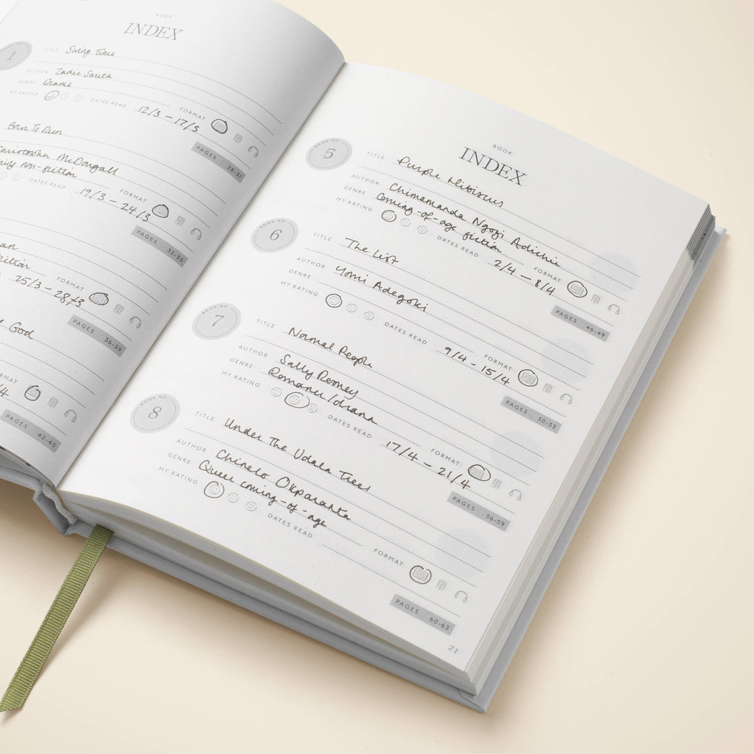 Open notebook with an index page on a light beige background