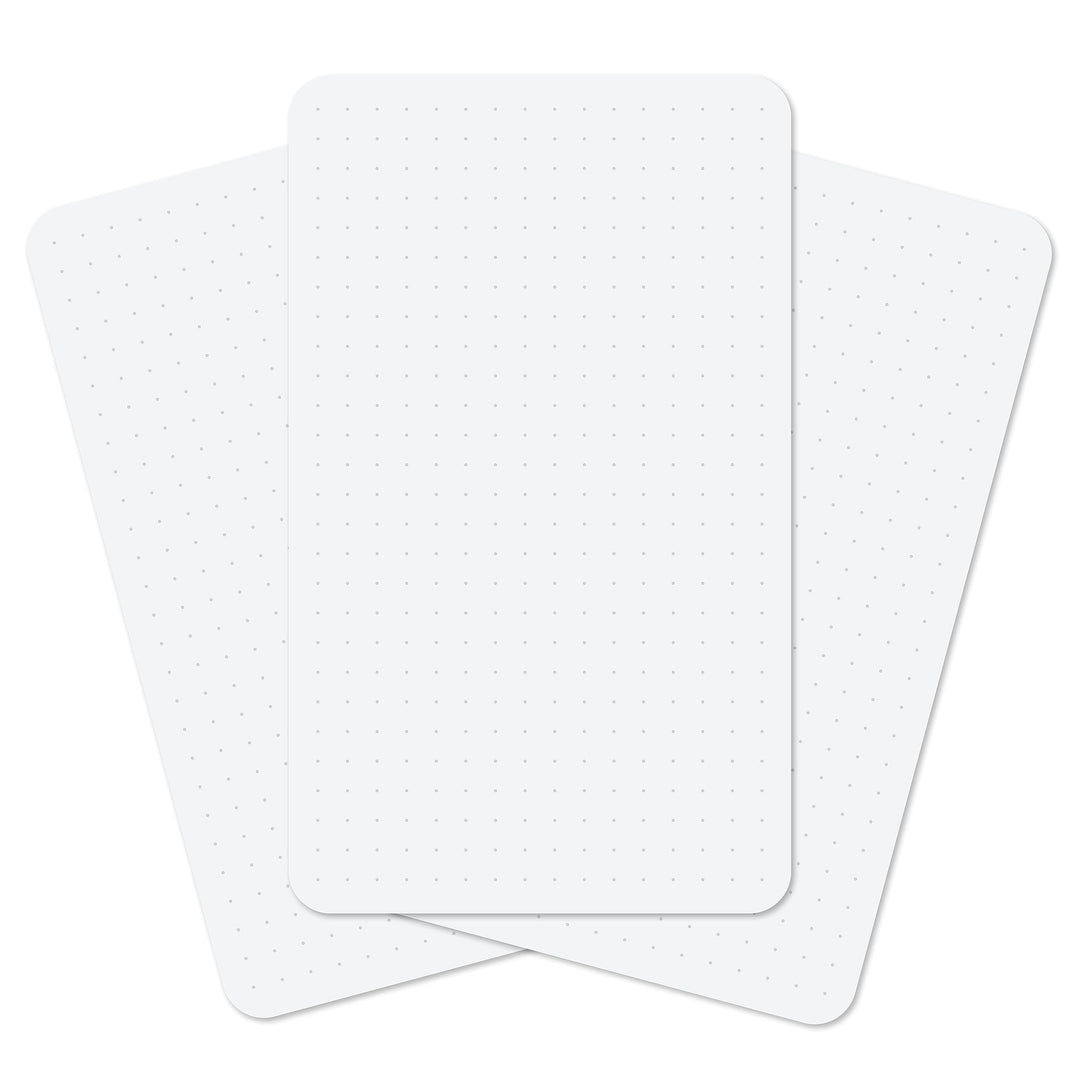 Three white rectangular cards on a white background.