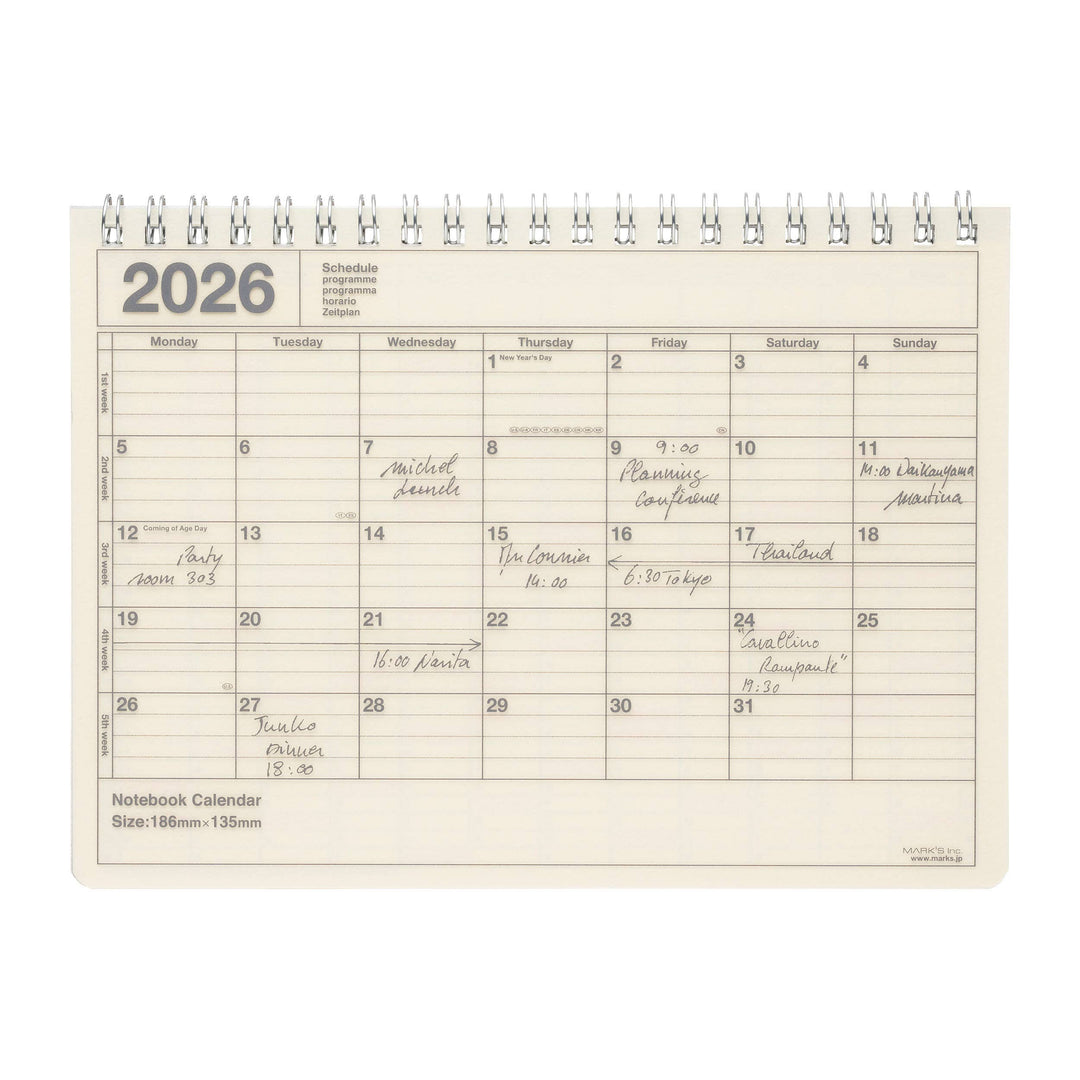 Calendar for the year 2026 with a beige background
