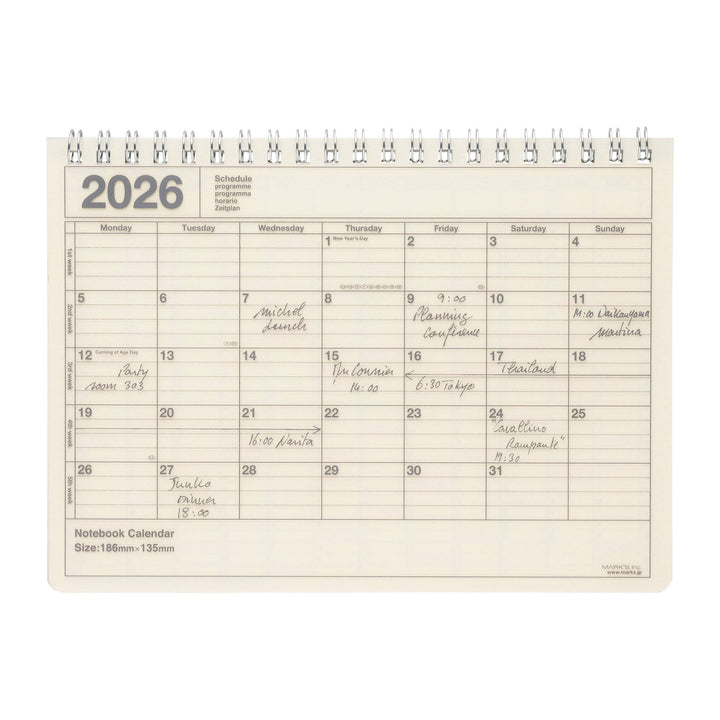 Calendar for the year 2026 with a beige background