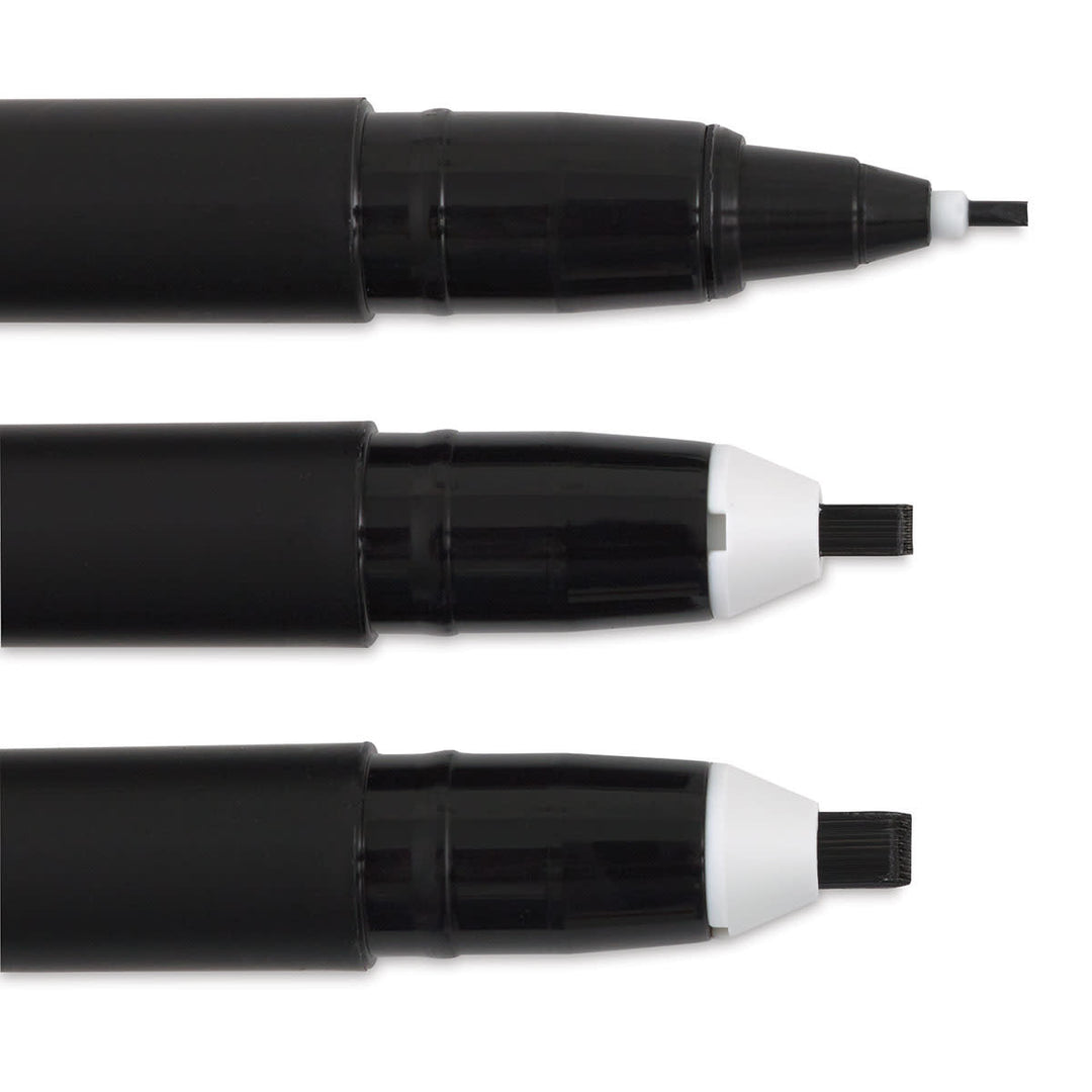 Three black markers on a white background