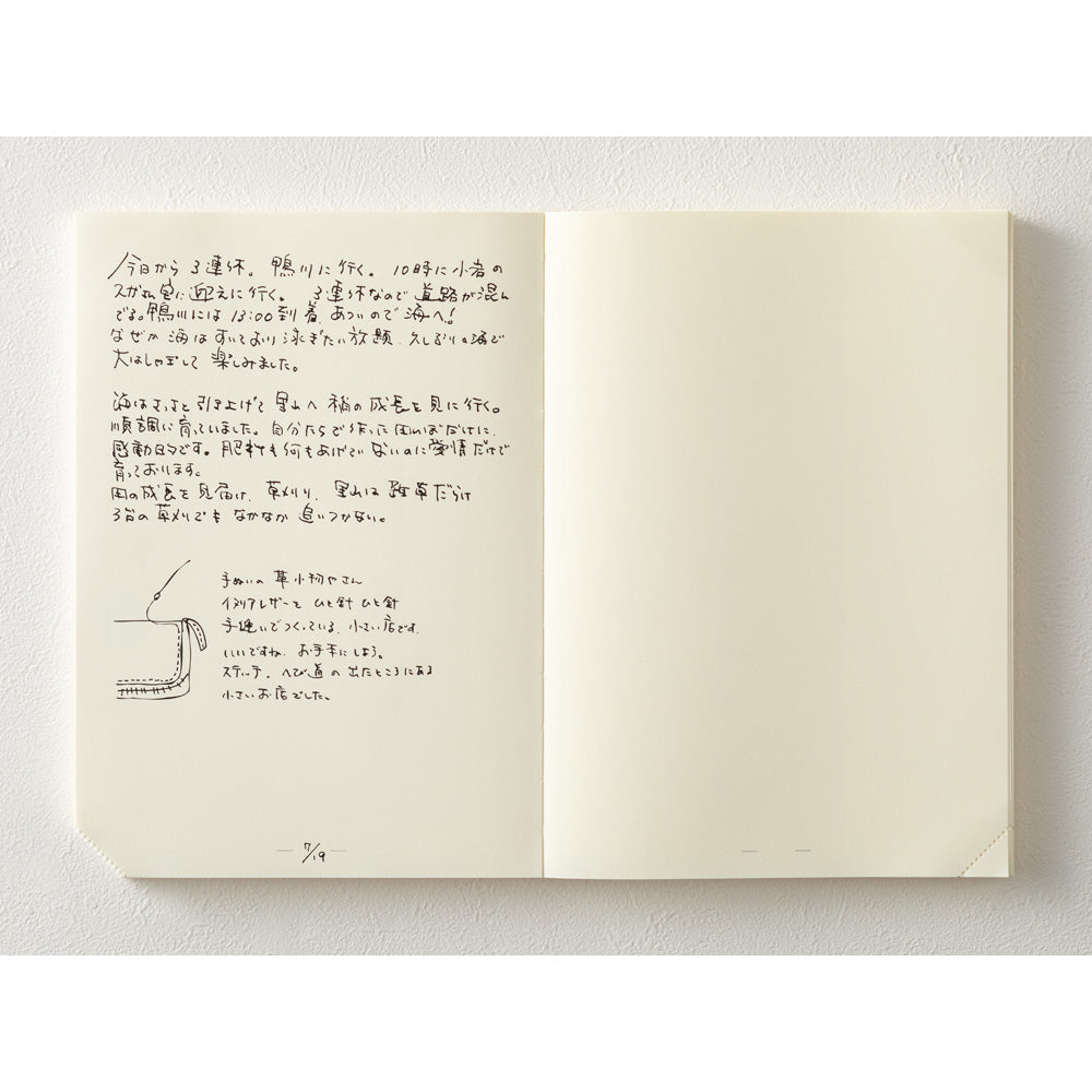 Open notebook with handwritten text and a drawing of a cup on a white background