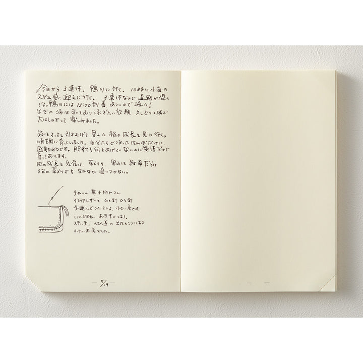 Open notebook with handwritten text and a drawing of a cup on a white background