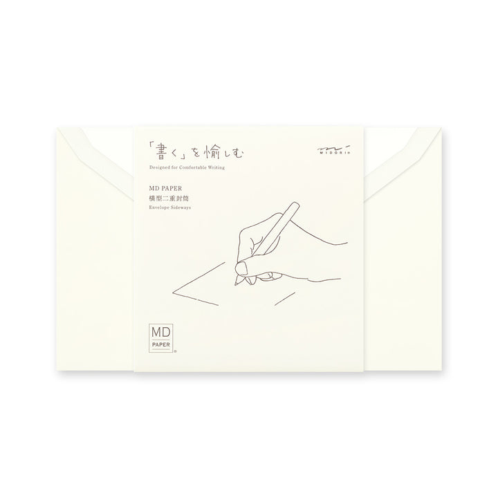 Envelope with a minimalist design of a hand holding a pen on a white background