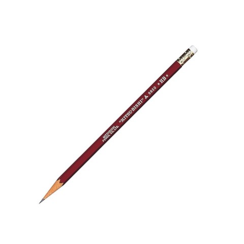 Pencil with a red body and gold accents on a white background